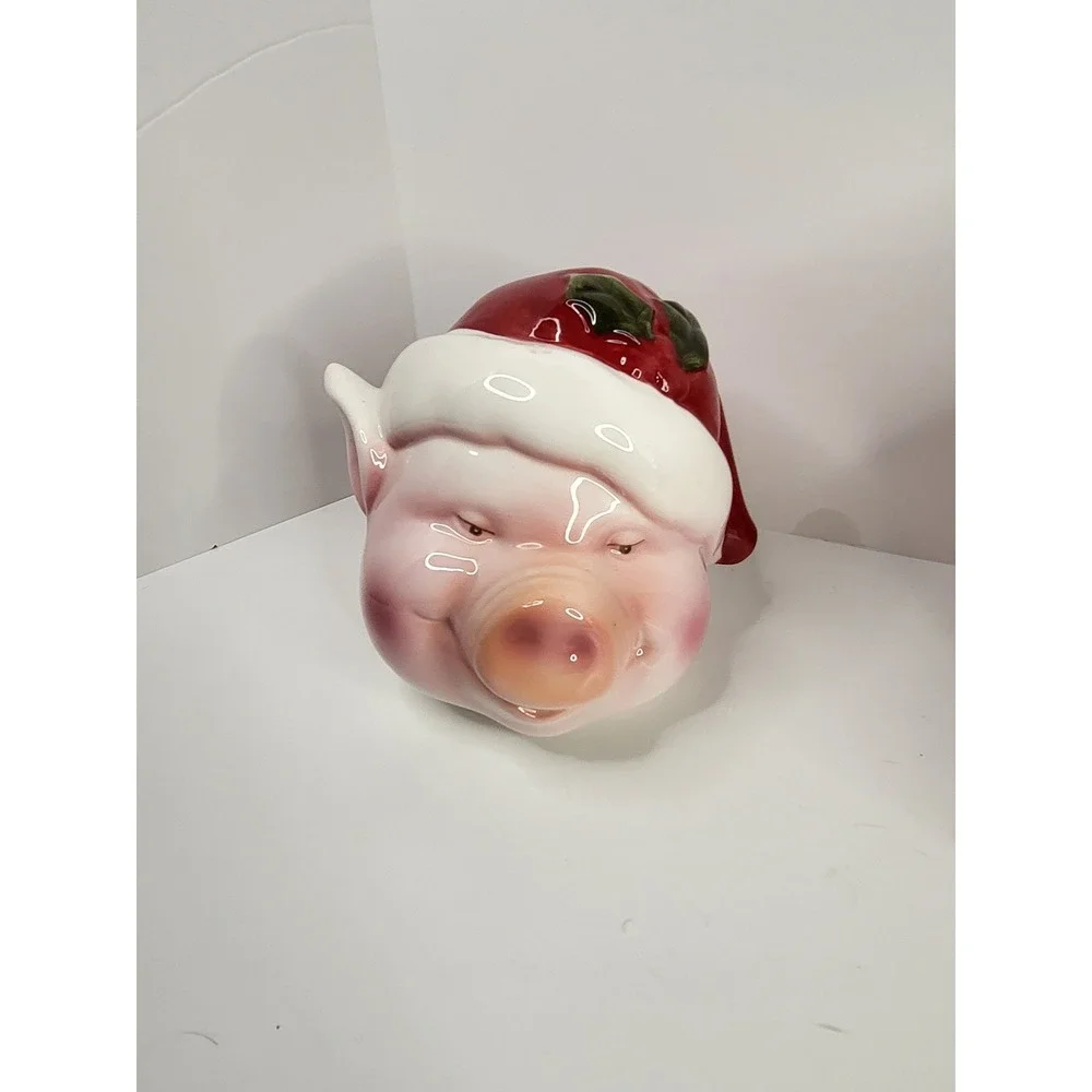 Vintage Santa Pig Ceramic Cookie Jar Christmas Holiday Decor Pink Red 10 Inch